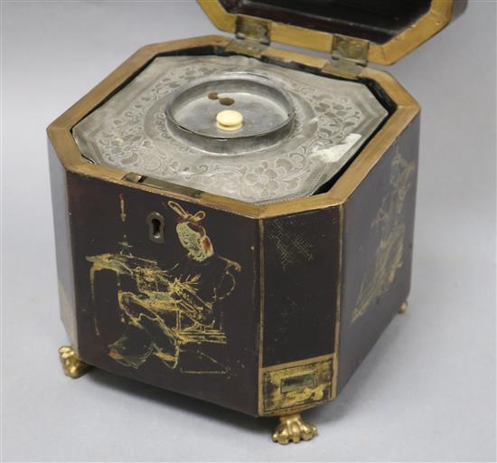 A 19th century Chinese export lacquer tea caddy, with pewter cannister height 17cm